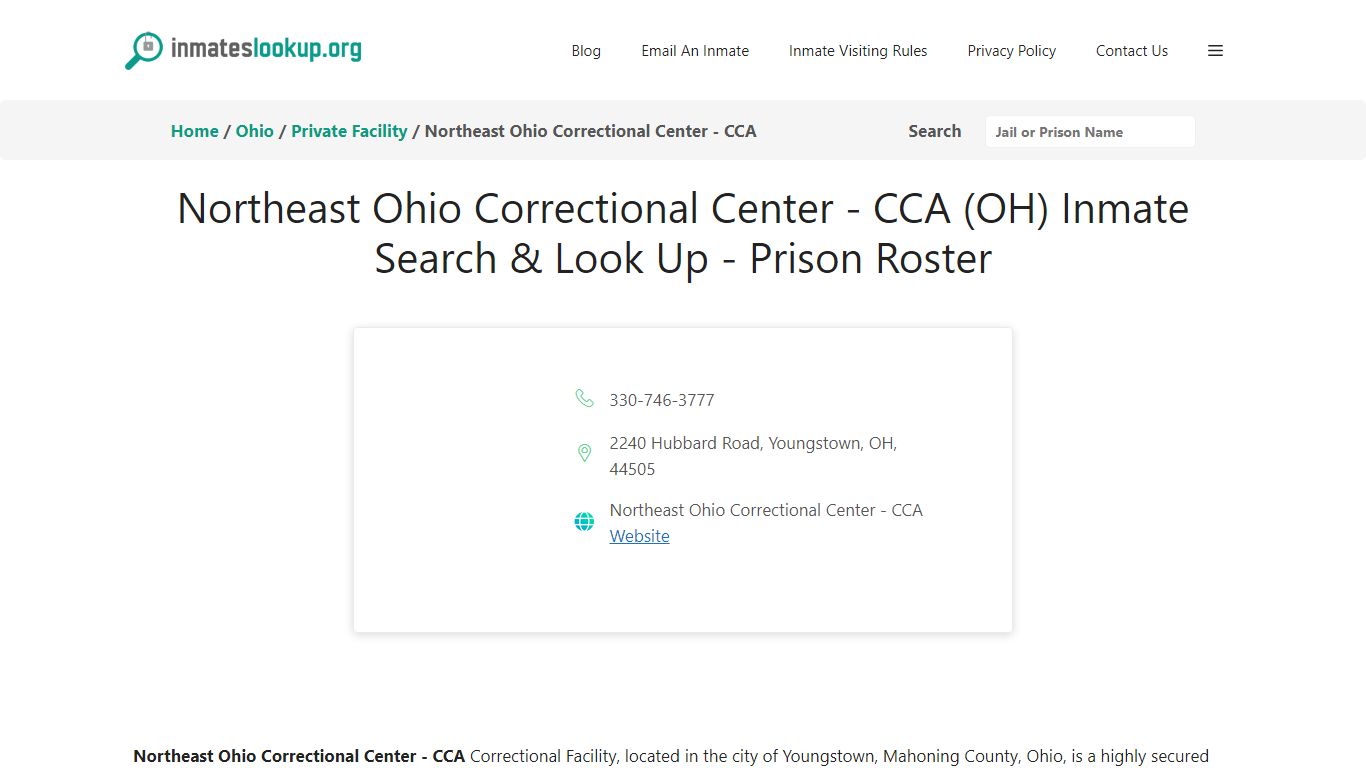 Northeast Ohio Correctional Center - CCA (OH) Inmate Search & Look Up ...