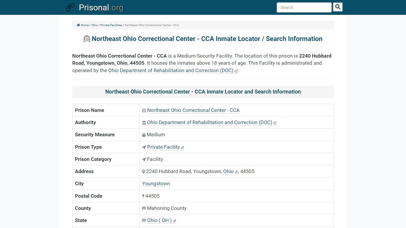 Northeast Ohio Correctional Center - CCA Inmate Locator / Search ...