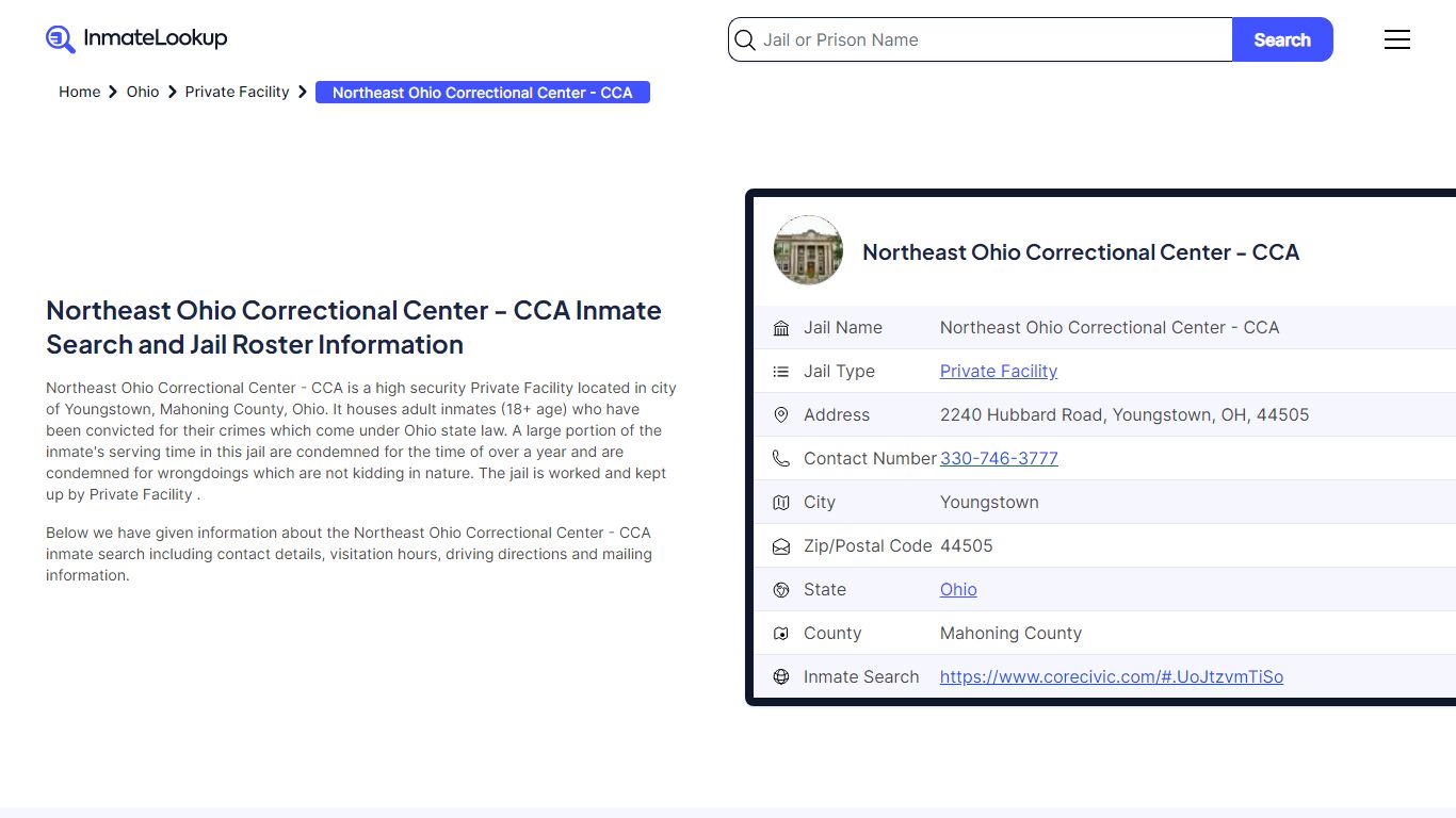 Northeast Ohio Correctional Center - CCA Inmate Search - Youngstown ...